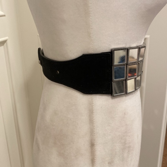 Vintage Rubik IceCube glass Mirror Suede Leather Wide statement belt Y2K RARE - Picture 3 of 14